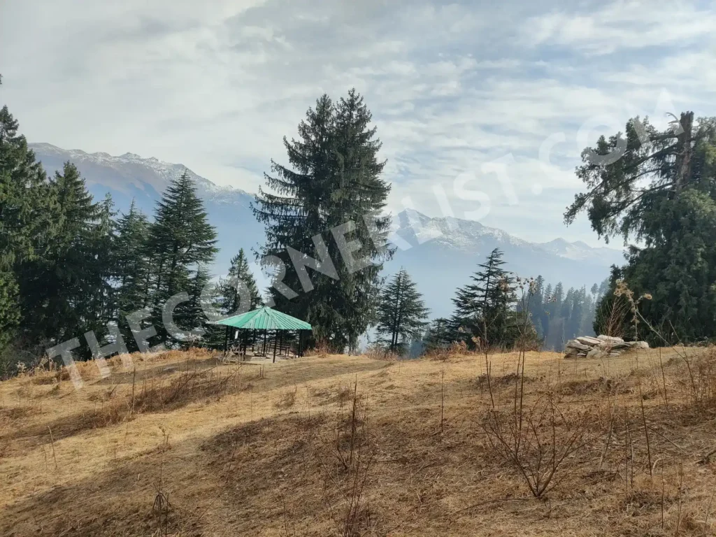 Snow covered peaks visible from the Lamadugh Top View, Manali